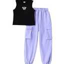 YOURUIKEY Tween Teen Girls Trendy Preppy Clothes Kids Spring Summer Outfits Sleeveless Tank Crop Top Cargo Pants Clothing Set Size 15-16