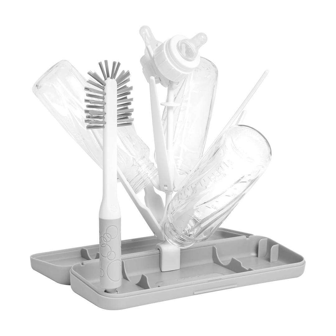 Ubbi On-the-Go Drying Rack and Brush Set, Includes Travel Case and Bottle Brush for Compact Storage, Holds Up To 8 Bottles, Baby Travel Accessories, Gray