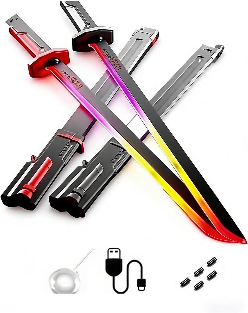 2 Pcs 31.5-inch Iridescent Lightsaber Blade with Hit-Sensitive Sound and Fog Effect | Type-C Charging | Perfect for Rave Parties, Cosplay, and Showcases (Black & Red Dual Pack)