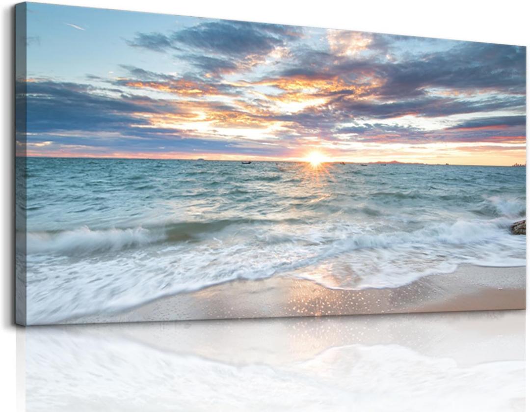 Yxbhhym-Large Canvas Wall Art Beach Artwork for Walls Coastal Wall Décor Seascape Prints Ocean Painting Sunset Picture Waves Sea Landscape Poster Bedroom Wall Art Living Room Office Decorations, 48"L x 24"W