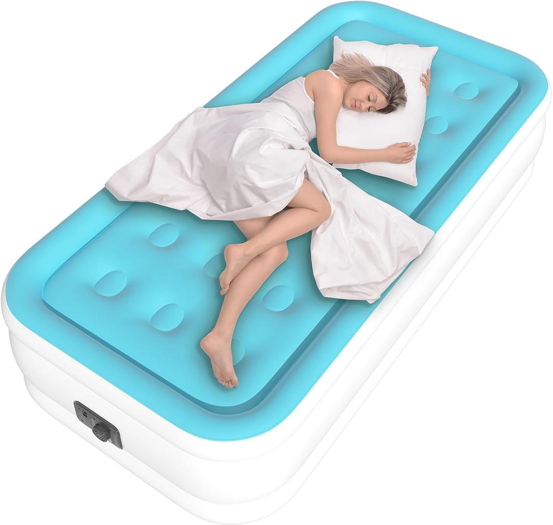 Twin Air Mattress with Built in Pump, Single Blow up Air Bed with Portable Storage Bag, Suitable for Home and Guests, Top Flocking, 18" Twin Sky Blue