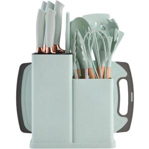 19-Piece Kitchen Utensil & Knife Block Set: 12 Non-Stick, Heat-Resistant Silicone Cooking Utensils (Spatula, Tongs, Ladle, Scissors) + 5 Sharp Kitchen Knives & Cutting Board(Green)