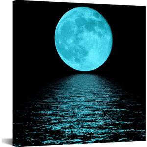 Conipit Moon Wall Art Teal Blue Framed Canvas 20''x20'' Full Moon Picture Blue Night Seascape Artwork Office Home Decoration Framed