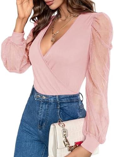 Fayenne Womens Tops Deep V Neck Cross Wrap Sexy Tops Polka Dot Mesh Long Sleeve T Shirt Casual Blouses Large