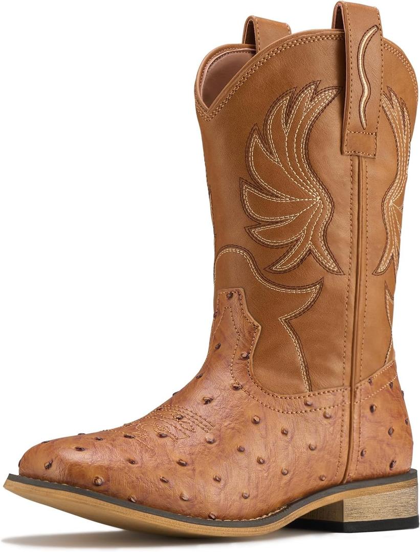 Rollda Kids Cowboy Boots for Boys Girls Western Square Toe Cowgirl Boots with Walking Heel (Toddler/Little Kid/Big Kid) (Dark Brown/Ostrich Upper) 12