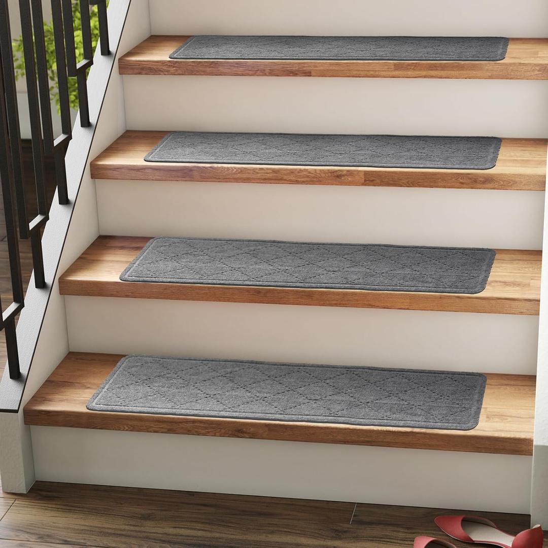RIOLAND Carpet Stair Treads for Wooden Steps Indoor 9" x 36" Non Slip Stair Treads for Wood Stair with Reusable Adhesive, 15 Pack Peel and Stick Stair Runner for Kids Elders and Dogs, Diamond Gray