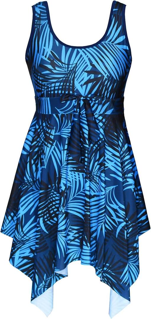 DANIFY Women's Plus Size Swim Dress Tummy Control Swimdress Cover Up Swimwear Retro Skirted Swimsuit One Piece Bathing Suit (48, Blue Leaf)