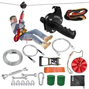 SZHTMZXC Zipline Kits for Backyard, 130FT Zip Line Kit for Kids and Adults Up to 350Lbs, Outdoor Playground Equipment (130FT Ratchet)