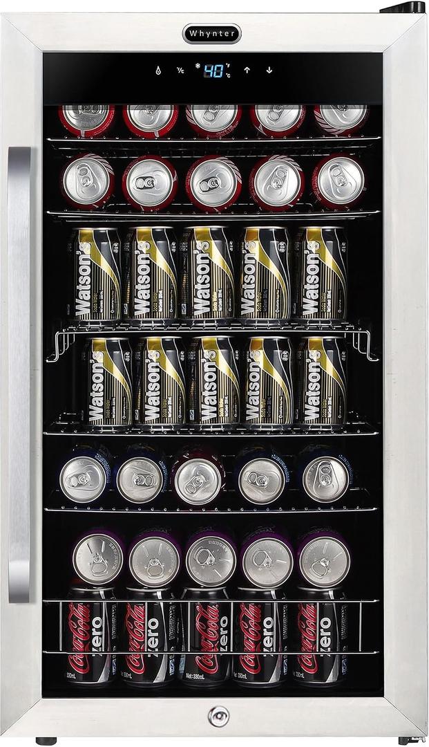 Whynter Beverage Refrigerator with Double-Layer Glass Door, 136-Can 3.4 Cu. Ft. Drink Mini Fridge with Lock & Digital Control, BR-1211DS, Stainless Steel