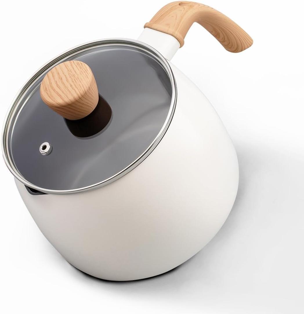 2.5 Quart Non-stick Ceramic Sauce Pan with Lid, Small Milk Pots for Cooking with Pour Spout, Aluminum stock Pot Wood Handle for kitchen, PFAS-Free, White