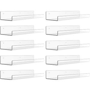 upsimples 10 Pack Acrylic Shelves Wall Organizer and Storage, 15" Display Shelf for Figure, Toy Cars, Perfume, Kids Bookshelf for Bedroom, Nursery, Craft Room, Clear