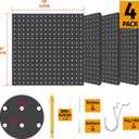 HUHOLE Black Metal Pegboard Wall Organizer 32" x 32" (4 Pack), Heavy Duty Steel Peg Board Panels for Garage, Gaming Setup & Craft Room, Easy Install, Includes 30 Hooks & Mounting Hardware
