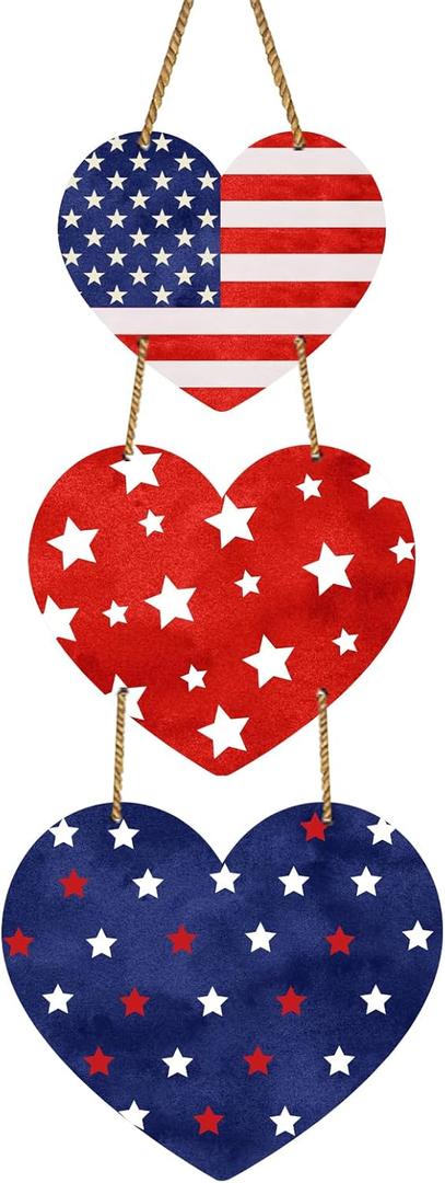 4th of July Decorations Patriotic Wreath Heart Hanging Decor 4th of July Wreaths for Front Door Wooden Front Door Decorations Memorial Day Fourth of July for Porch Wall Indoor Home Decor