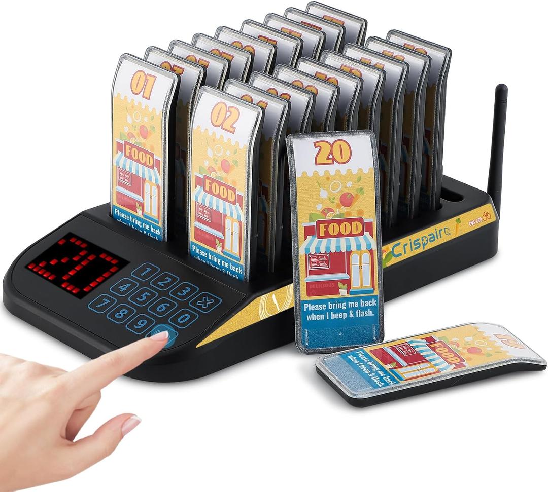 Restaurant Pager System (Upgraded 20-Pager Set) Wireless Calling System with Charging Indicators 7 Customizable Alarm Modes and Extended Long-Range for Restaurants Food Trucks and Hospitals (Black)