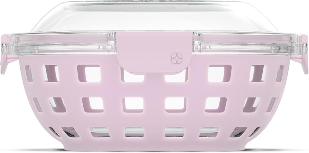 Ello Duraglass Meal Prep Container- Glass Food Storage Container with Silicone Sleeve and Airtight BPA-Free Plastic Lid, Dishwasher, Microwave, and Freezer Safe (5 cup, 5 Cup Cashmere)