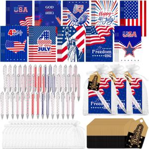 Qeeenar 200 Pcs 4th of July Party Favors Gift Bulk Sets Include American Flag Notebooks Red White Blue Ballpoint Pens Freedom Tags Organza Bags for Memorial Day Independence Day Office Party Supplies