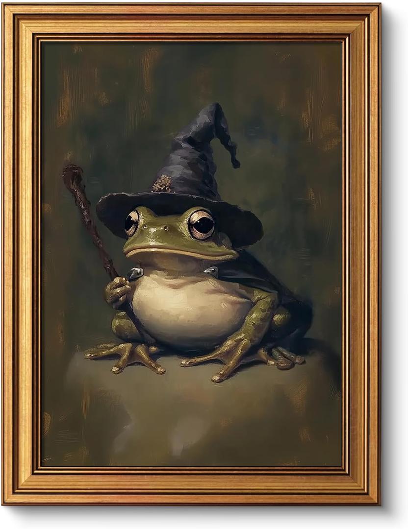VIYYIEA Vintage Gold Framed Wall Art for Living Room, Wizard Frog Canvas Prints Home Decor, Halloween Gothic Painting Picture, Bedroom Wall Decor Gifts for Friends or Family -(16L x 12W)