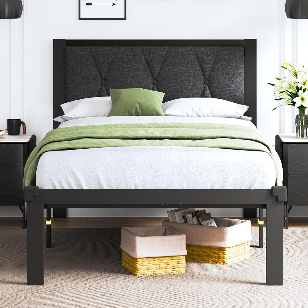 Feonase Twin Size Metal Bed Frame with Fabric Button Tufted Headboard, Platform Bed Frame with Heavy Duty Metal Slats, 12" Storage Space, Noise Free, No Box Spring Needed, Dark Grey