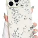 NITITOP Compatible with iPhone 14 Pro Case Cute Flower Floral Branch Leaves Pattern for Women Girls Trendy Slim Fit TPU Bumper Silicone Shockproof Full Camera Protection Cover - White
