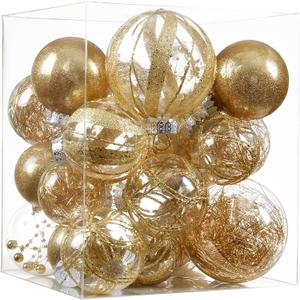 Clear Christmas Ball Ornaments,24ct Shatterproof Plastic Decorative Christmas Ornaments Hanging Xmas Tree Baubles Set with Stuffed Delicate Glittering Decorations for Holiday Party Home Decor (Gold) (Multi-Size/24-Pack)