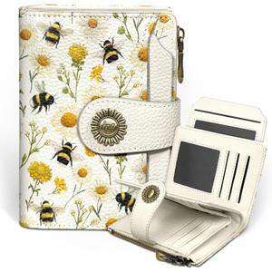 Icycay Floral Bee Small Wallet Women RFID Blocking Bifold, Credit Card Holder, Zipper Coin Pocket, PU Leather, Cute, Compact, Travel, 4 ID Window, 14 Card Slots, Cash Purse, Ladies Woman Female Girls
