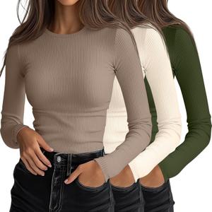 Ficerd 3 Pack Women's Ribbed Long Sleeve Tops, Crew Neck Slim Fit Undershirts Knit Basic Casual Stretch Layering Tee Shirts XL