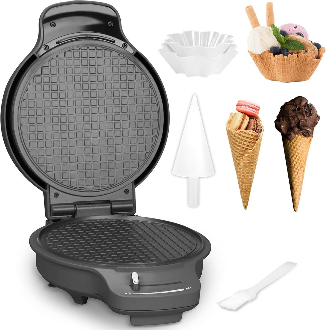 Baker's Friend Waffle Cone Maker Machine with Browning Control, 7.5 Ice Cream Cone Maker, Cone Roller & Bowl Press Included,Thin Waffle Maker Crispy, Nonstick Waffle Bowl Maker,Graphite