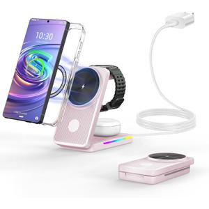 3 in 1 Magnetic Wireless Charger for Samsung, Foldable MagSafe Wireless Charging Station for Samsung Galaxy S25Ultra/S24/S23 Ultra/S22, Watch Charger for Galaxy Watch 8/Ultra/7/6/5/4/Buds (Pink)