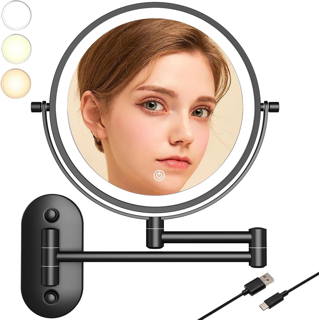 8Wall Mounted Makeup Mirror With Lights, 10x Magnifying Mirror Wall Mount for Vanity, Bathroom and Shaving, Rechargeable Wall Mounted Makeup Mirror Swing Arm with Adjustable Brightness (Black-10X) (12.7"L x 17.3"W)