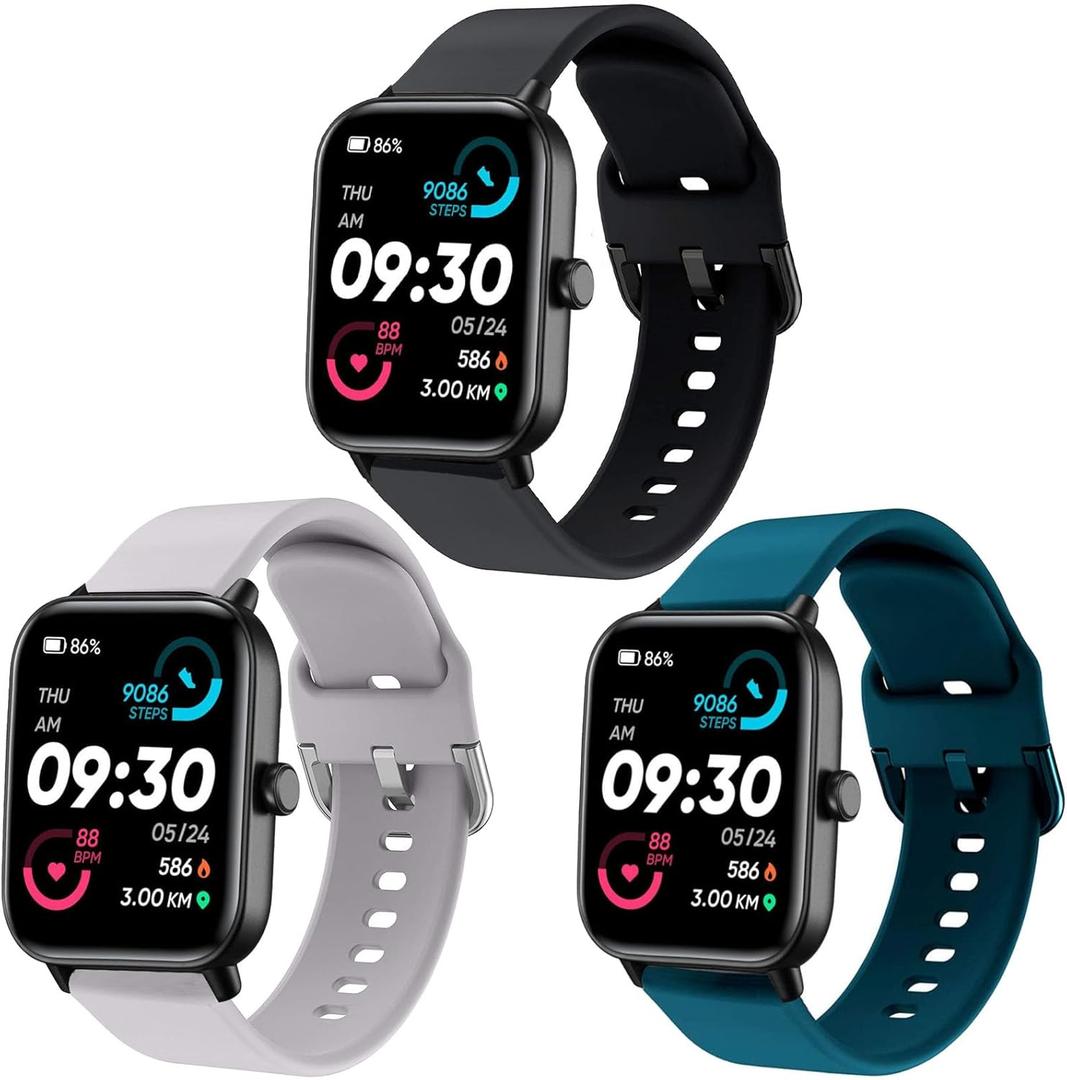 3 Pack 22mm Watch Bands Compatible with IDW13,IDW16,IDW19, Soft Silicone Replacement Strap for Fitpolo IDW13/Woneligo W13/FITVII HM57/TOOBUR IDW16/MILOUZ IDW19 Watch Women Men (Black/Gray/Deep Green)