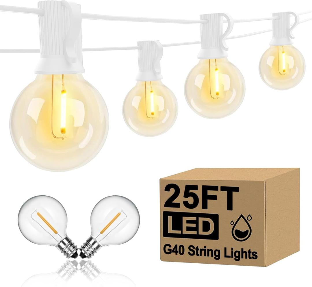 25Ft LED Outdoor String Lights, G40 Globe Patio String Lights Waterproof with 27 Shatterproof Bulbs(2 Spare), Connectable Hanging Outdoor Lights for Backyard Garden Bistro Wedding Party Decor, White