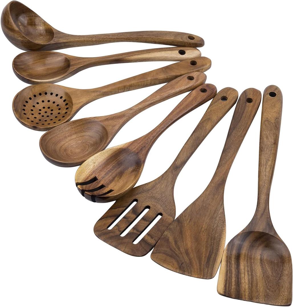 Premium 8-Piece Teak Wood Cooking Utensil Set - Heat Resistant, Lightweight & Sturdy Wooden Spoons for Non-Stick Cookware - Ideal for Cooking, Stirring & Serving