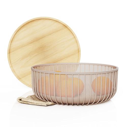 LIBKEN Metal Fruit Bowl Basket with Wooden Lid - Fruit and Vegetable Holder For Kitchen Counter - Countertop Display Baskets Organizer - Bowl Storage for Veggie, Fruits, Snack, and Banana - Peach