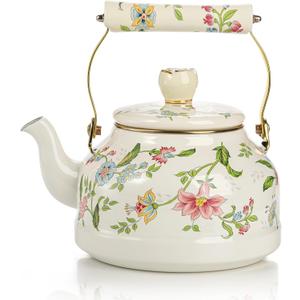 Jucoan 2.6 Quart Vintage Enamel Tea Kettle, Green Floral Stovetop Water Kettle Teapot with Porcelain Handle for Home Kitchen Camping Tea Party, Gift for Bridal Shower Wedding Housewarming (Gold)