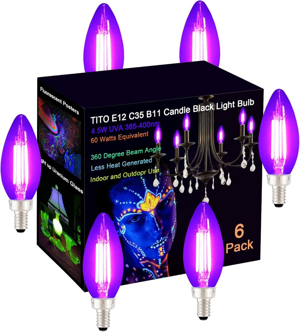 TITO 6 Pack E12 B11 Filament LED Candle Black Light Bulbs, UVA 395nm 4.5W Candelabra Black Light Bulb, 60W Blacklight Bulb Equivalent, Glow in Dark Halloween Christmas Party Posters Decor