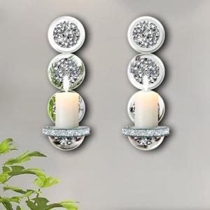 Set of 2 Crystal Crush Diamond Candle Sconces, Gorgeous Silver Mirrored Wall Sconce, Round Candle Holder Glass Wall Decorations for Home Dcor, Living Room, Dining Room.