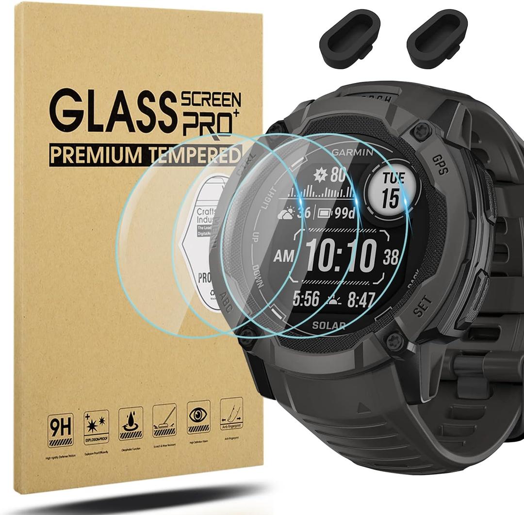 Suoman 3+2 Pack for Garmin Instinct 2X Screen Protector, Anti-Dust Plugs+[Anti-Scratch] 9H Hardness Tempered Glass Screen Protective Film