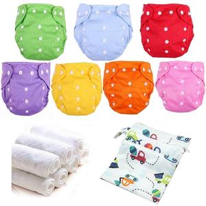 Baby Cloth Diapers Washable Reusable Diapers for Baby Girls and Boys, One Size Adjustable 7 Pack with 7 Inserts and 1 Storage Bag