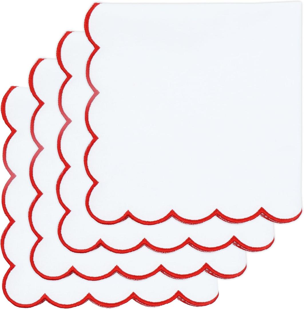 PurpleEssences Scalloped Embroidery Cloth Napkins Table Decor Spring Summer Easter 100% Cotton Set of 4-18 x 18 inch - White - Edges - Red