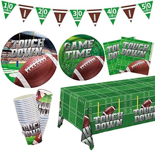 Football Party Supplies Kit Serve 25, Includes Disposable Dinner Plates, Dessert Plates, Napkins, Cups,and Football Tablecloth, Football Birthday Party Tailgate Party Decorations