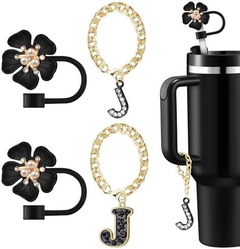 Pack Of 2 Straw Covers for Stanley Cup Accessories: Black Decorations for Stanley 30 oz & 40 oz Tumbler with Handle, Bling Letter Charms and Flower Silicone Straw Cap Topper, Trendy Stuff for Teen Girls & Women Pack Of 2 Straw Covers for Stanley Cup Accessories: Black Decorations for Stanley 30 oz & 40 oz Tumbler with Handle, Bling Letter Charms and Flower Silicone Straw Cap Topper, Trendy Stuff for Teen Girls & Women