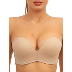 Strapless Bra Non-Slip No Underwire Padded Bandeau Multiway Smoothing Bras Convertible Straps (32D, Nude)