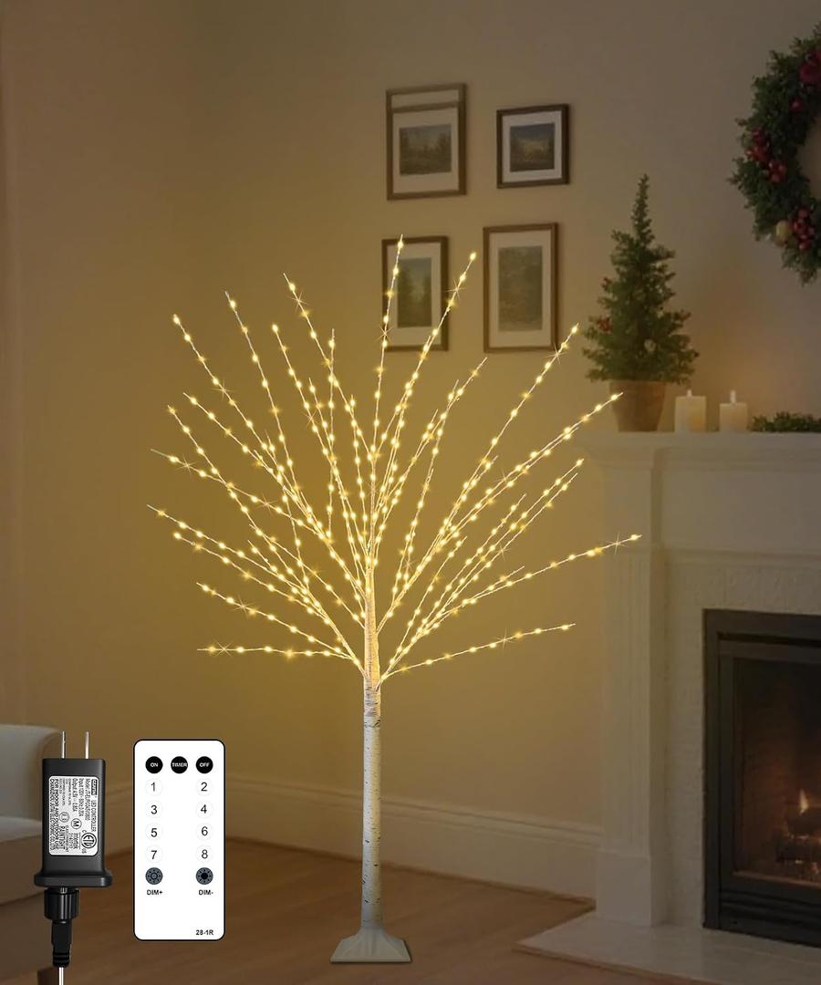 Remon 4FT Lighted Birch Tree, Birch Tree with 400 LED Lights, 8 Twinkling Modes and Timer, Dimmable, Light Up Twig Christmas Tree for Indoor Outdoor Home Party Garden Wedding Decorations