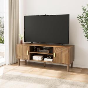 Smuxee Walnut TV Stand with Line Groove Design, 47.2" Mid Century Modern TV Media Console for TVs up to 55", TV Cabinet with Adjustable Shelf & 2 Cabinets for Living Room