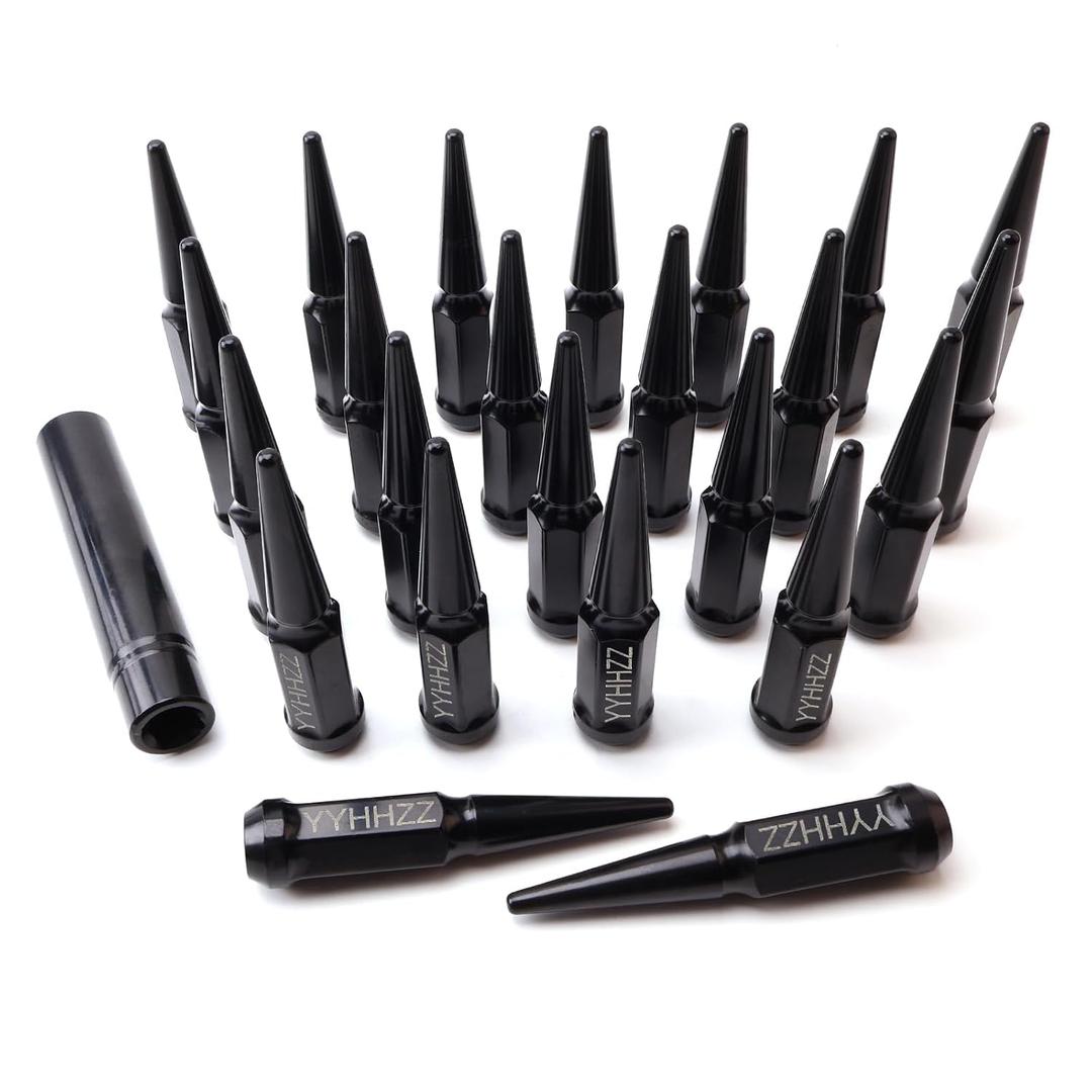 24PCS 14x2 Black Cone/Conical Bulge Seat Wheel Spike Lug Nuts with 1 Socket Key Compatible with Expedition 2000-2018, F-150 1999-2014, Lobo 09-14, Mark LT 05-08, Navigator 2000-2014