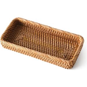 Small Rattan Serving Tray, Natural Wicker Decorative Tray for Trinket Ring Cosmetic, Rectangular Keys Basket Jewelry Perfume Trays for Coffee Table Entryway Living Room(10"  5.1")