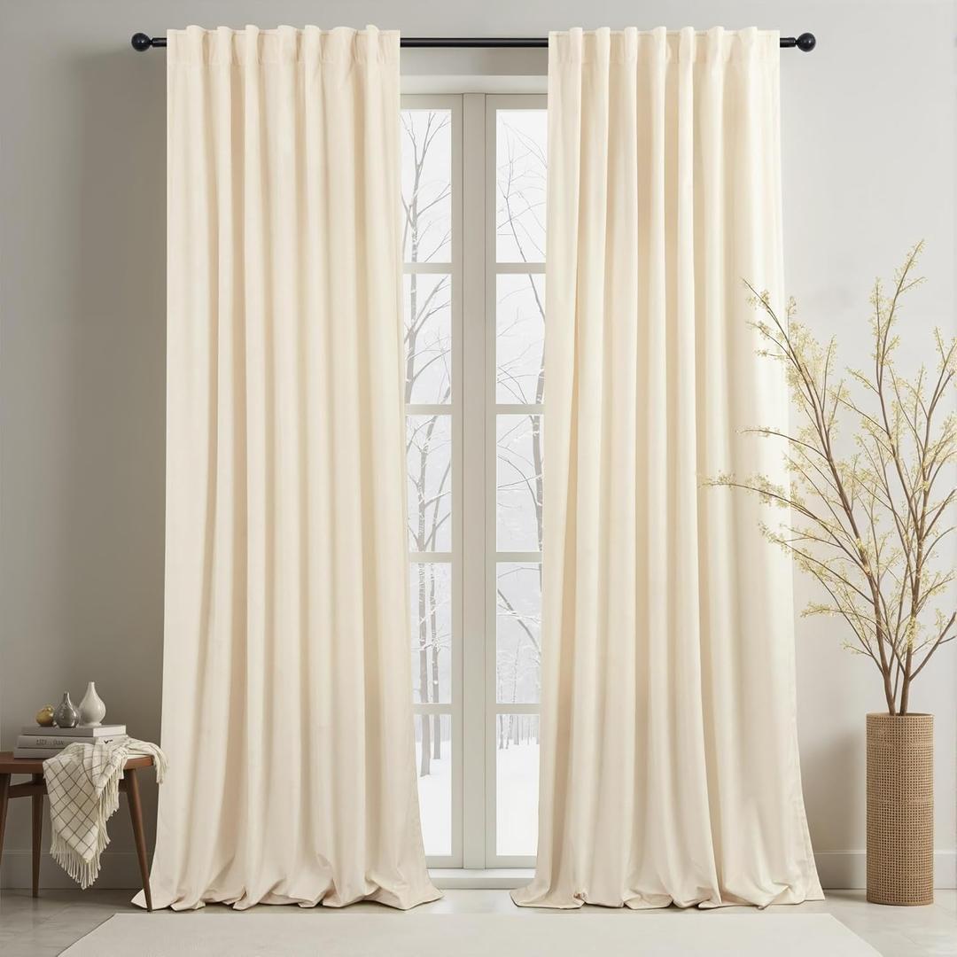 Cream Velvet Curtains 96 Inch Long for Living Room Darkening Christmas Decorative Light Dimming Drape Elegant Crushed Luxury Decor Thick Smooth Thermal Beige Curtain for Bedroom 52x96 Back Tab 2 Panel