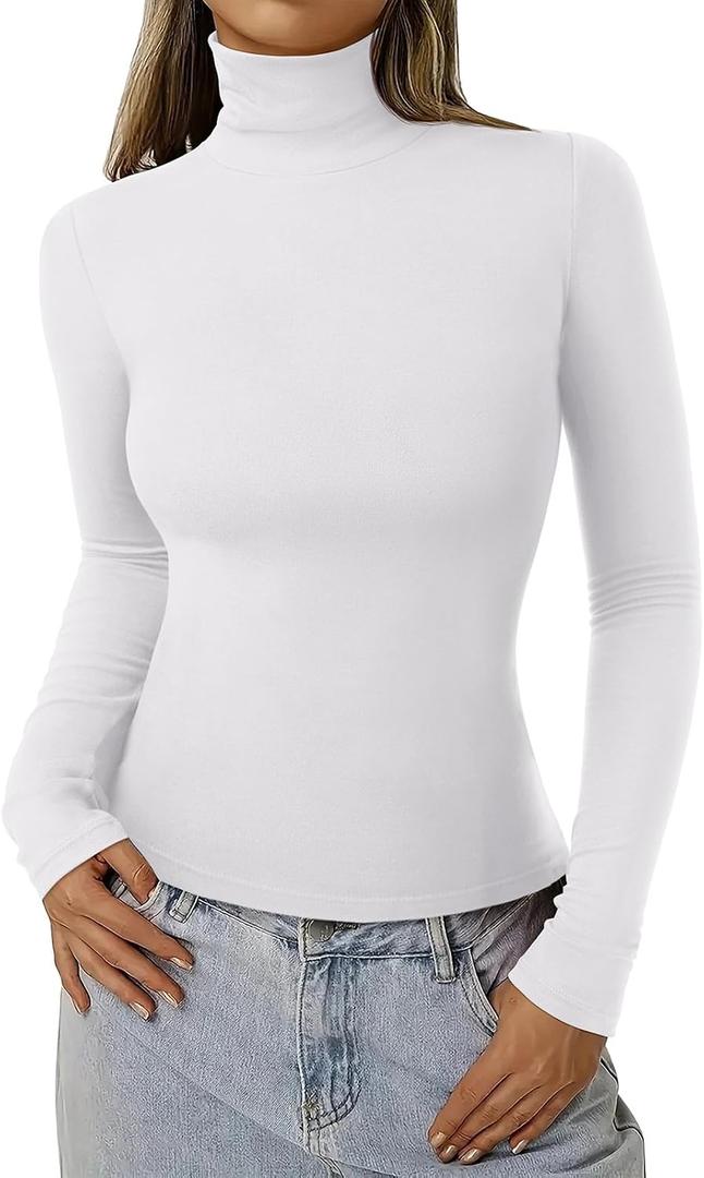 REORIA Women's Basic Long Sleeve Thermal Shirts Mock Turtle Neck Soft Fleece Lined Winter Warm Slim Fit Underwear Tops 2025 (White, M)
