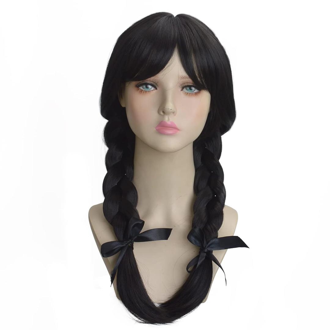 Black Braided Wigs with Bangs, Long Black Pigtails Cosplay Wig for Halloween Costume Anime Party (01)