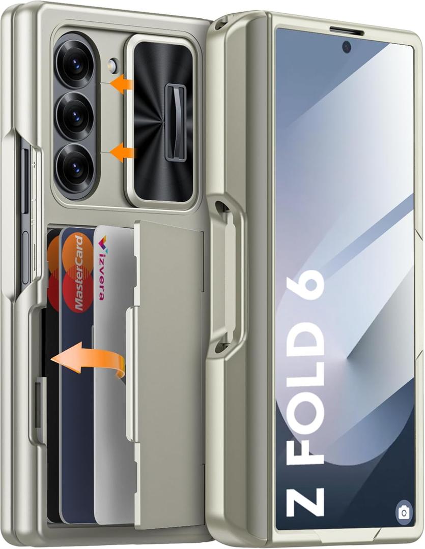 Vizvera for Samsung Galaxy Z Fold 6 Case RFID Wallet with Cards Holder [S Pen Holder] [Camera Cover] Shockproof Silicone Protective Phone Case for Z Fold 6 2024-Natural Titanium